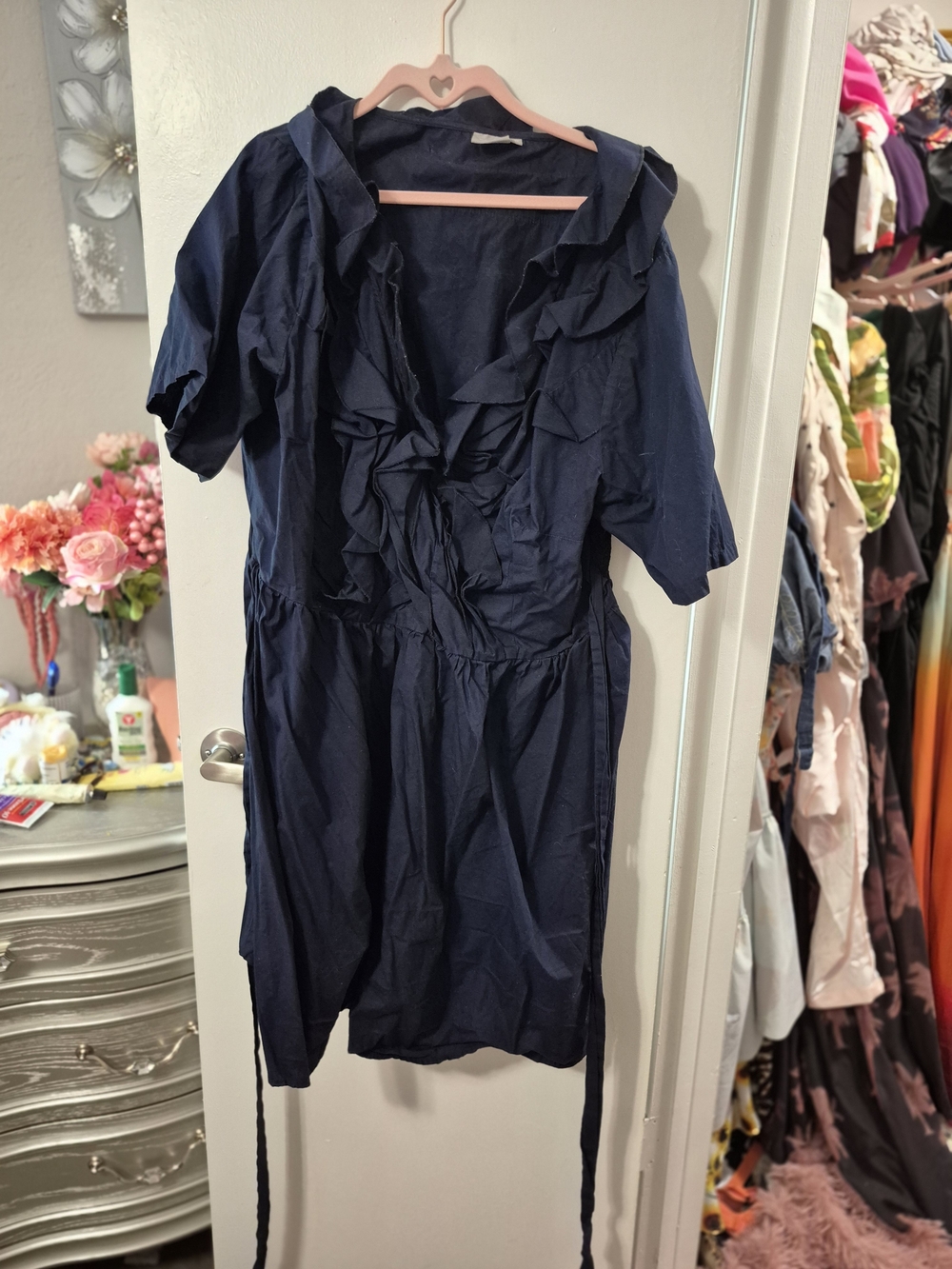 eshakti Navy Ruffle-Front Midi Dress